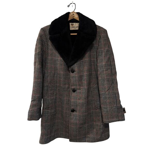 Huckberry Vintage M Plaid Wool Shearling Coat $550 Wide Lapel Long Jacket Gray - Picture 2 of 11